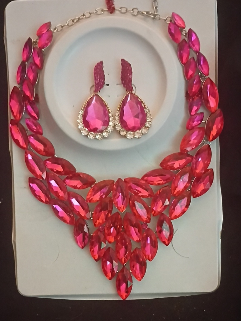 Statement Pink Crystal Necklace and Earring Set